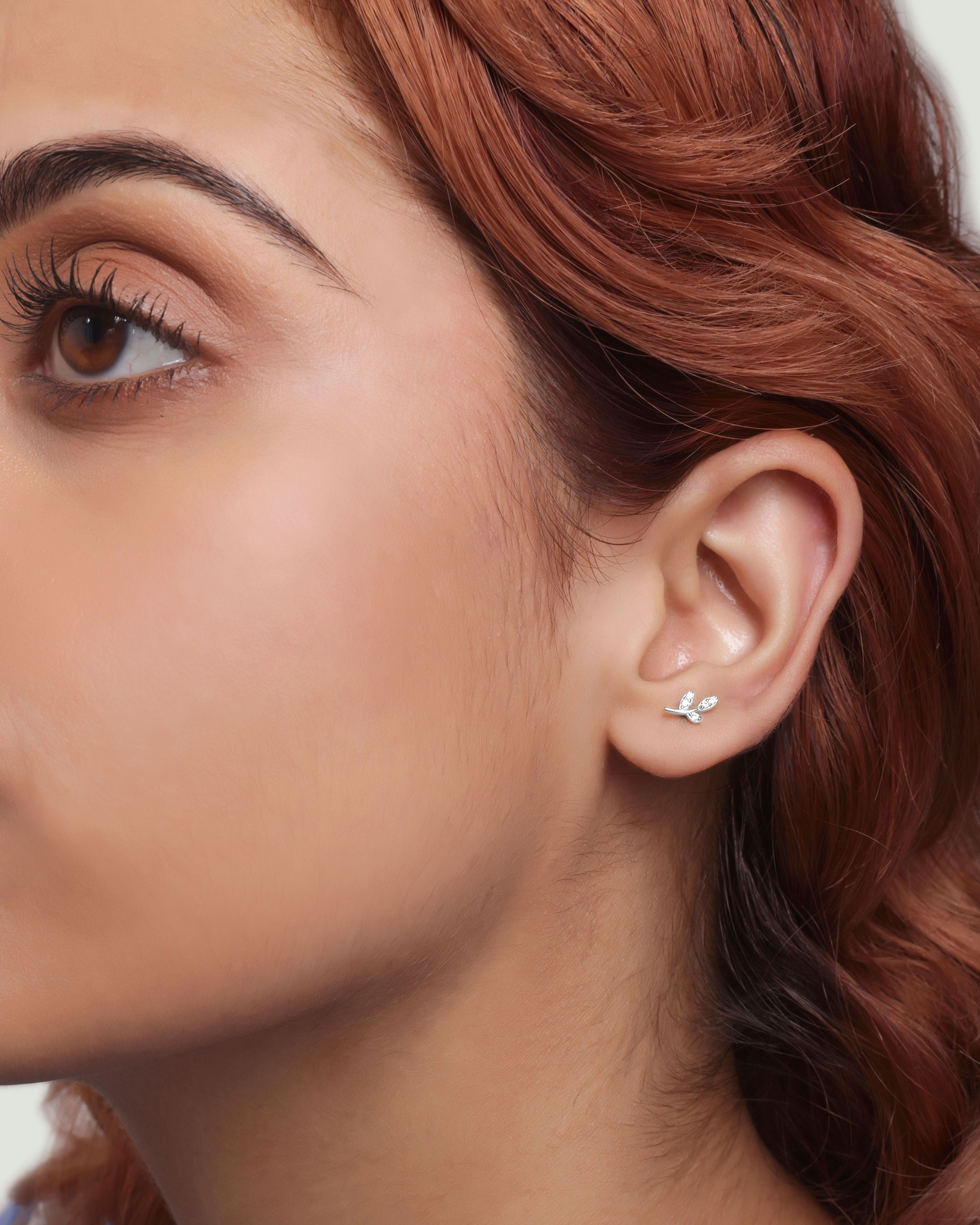Minimal cz paved leaf stud pair