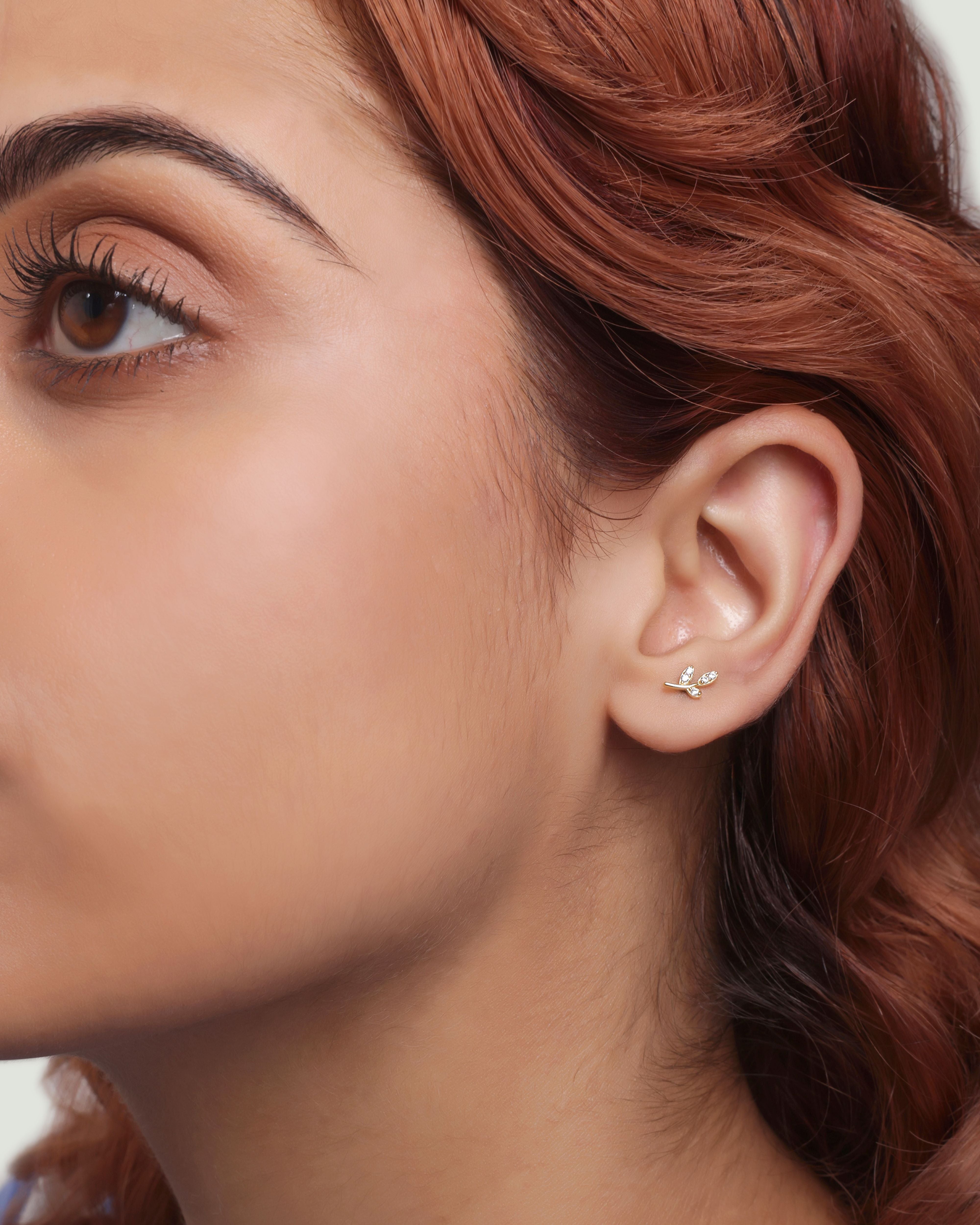 Minimal CZ Paved Leaf Stud Pair