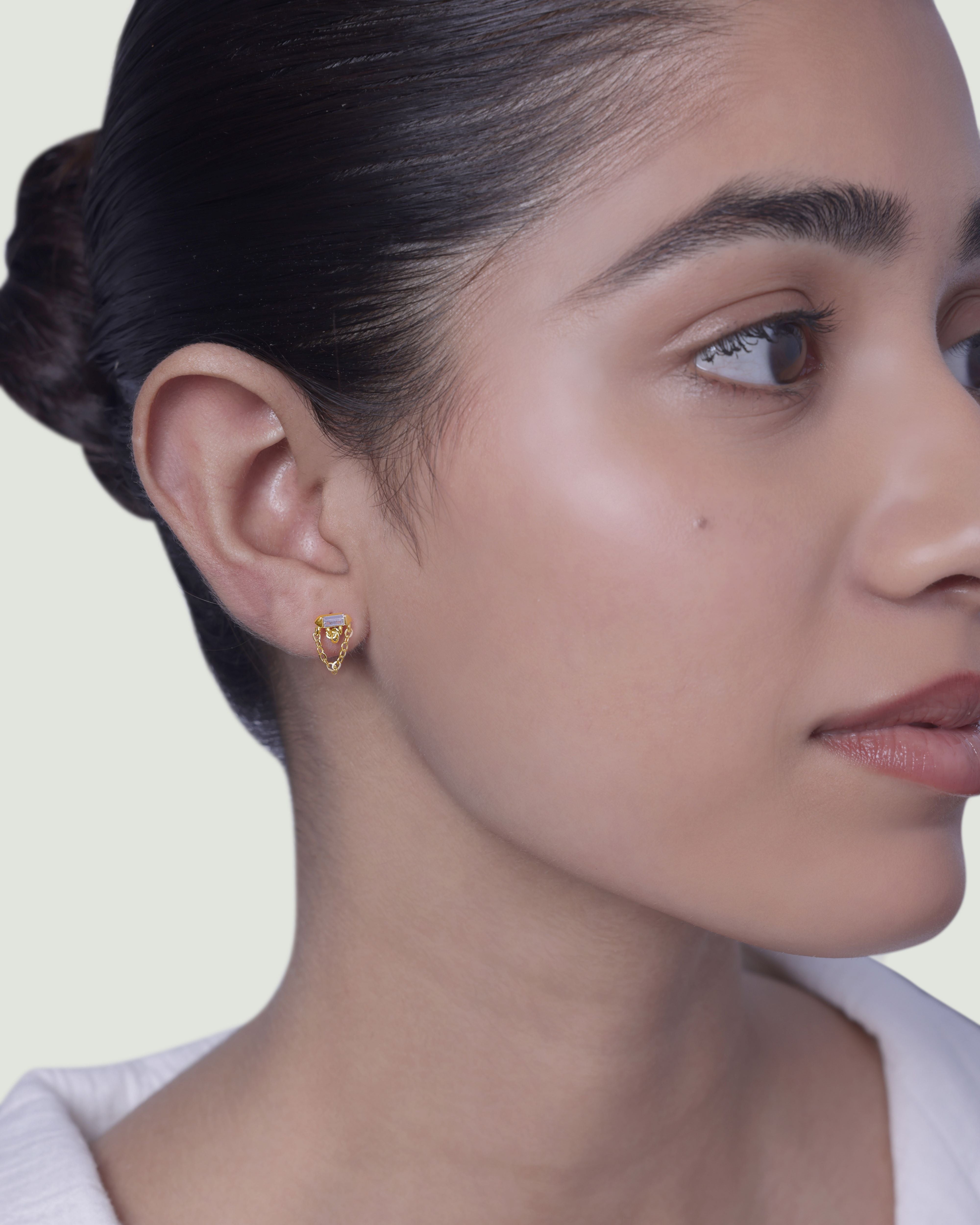 Double Chain Baguette Stud Earring
