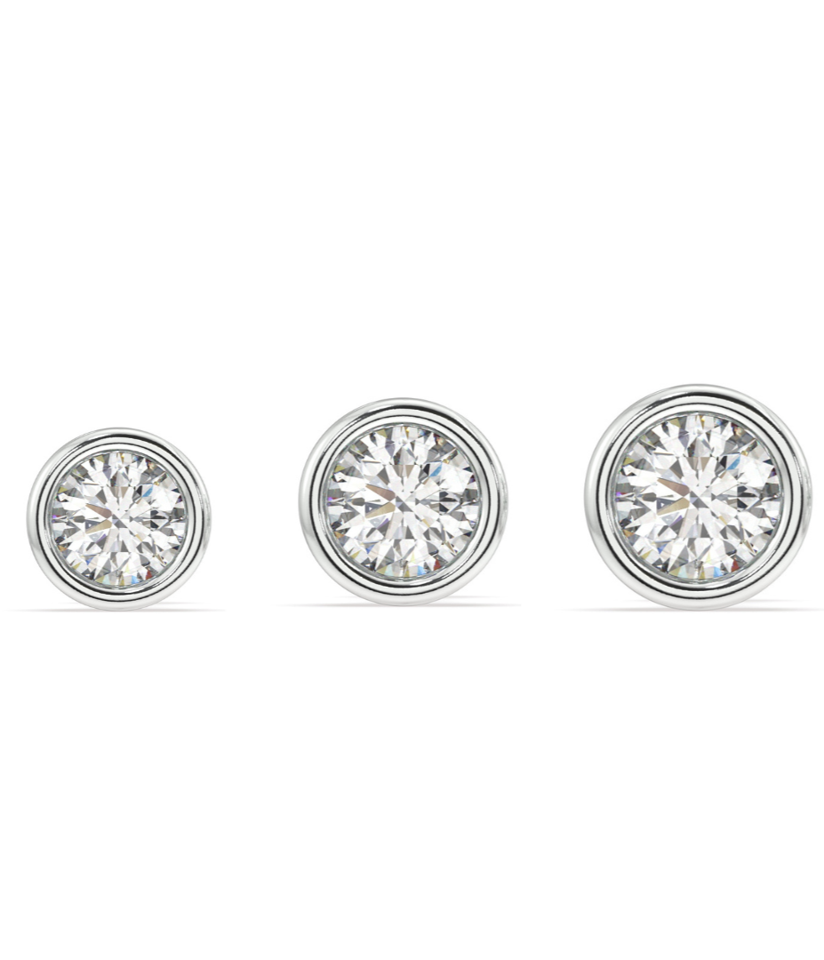 Zirconia Bezel Stud Earring - Screw Stud - Rhodium Plated - Multiple Sizes