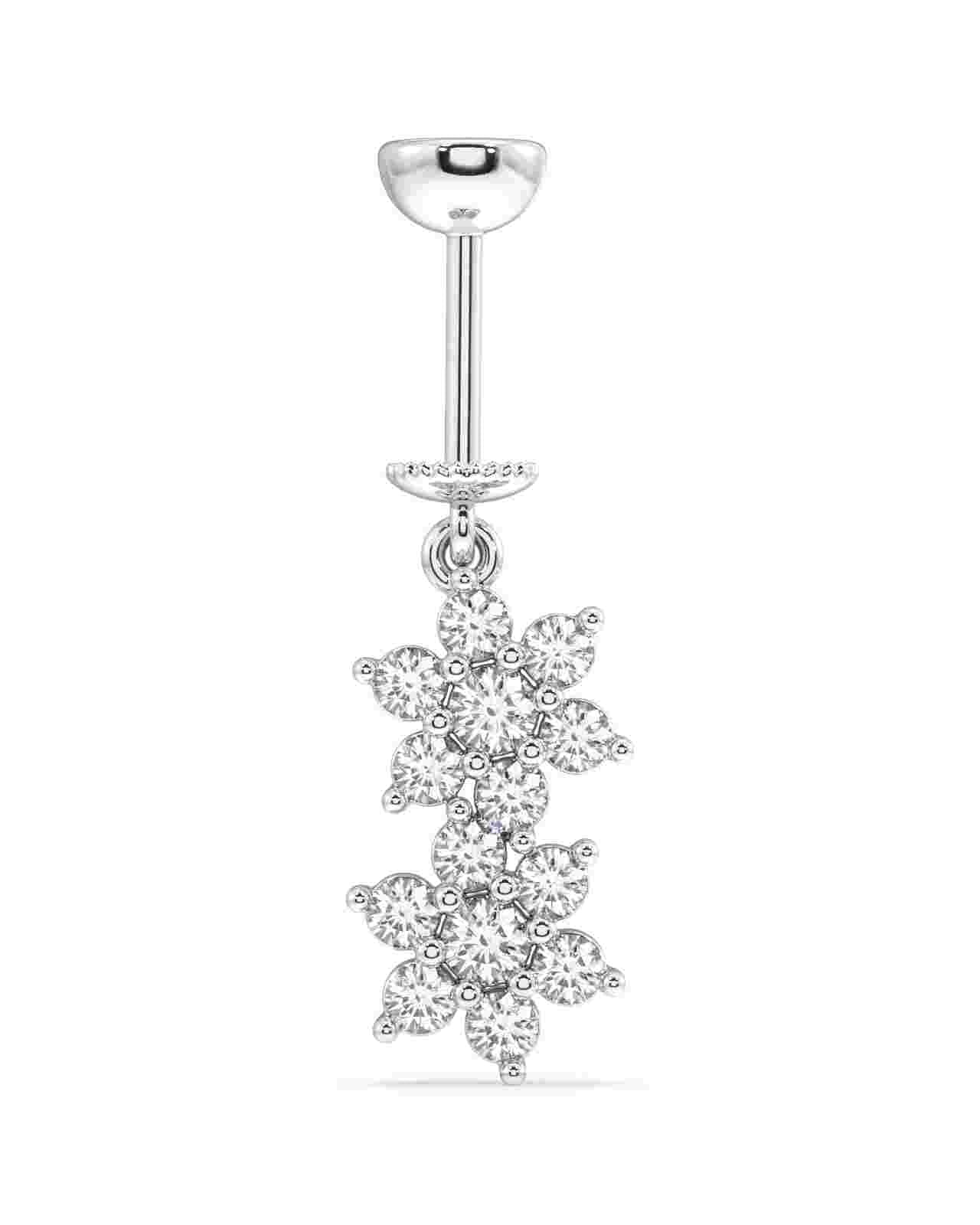 Double flower helix piercing hanging earring with cubic zircon stones in a silver-tone finish, ideal for cartilage or upper ear styling.