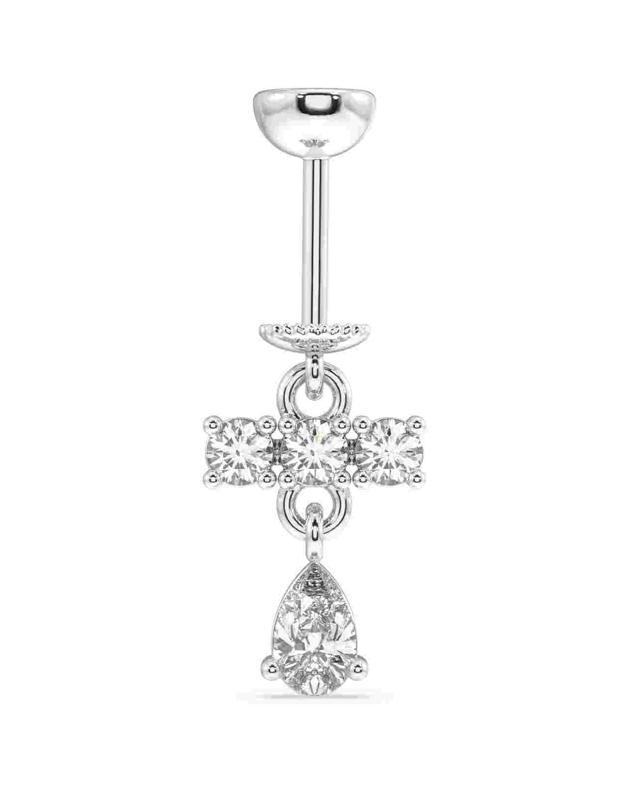 Zircon Helix Earrings - Pendulum Bar Piercing featuring three round-cut stones and a teardrop zircon charm in a silver setting for elegant style.