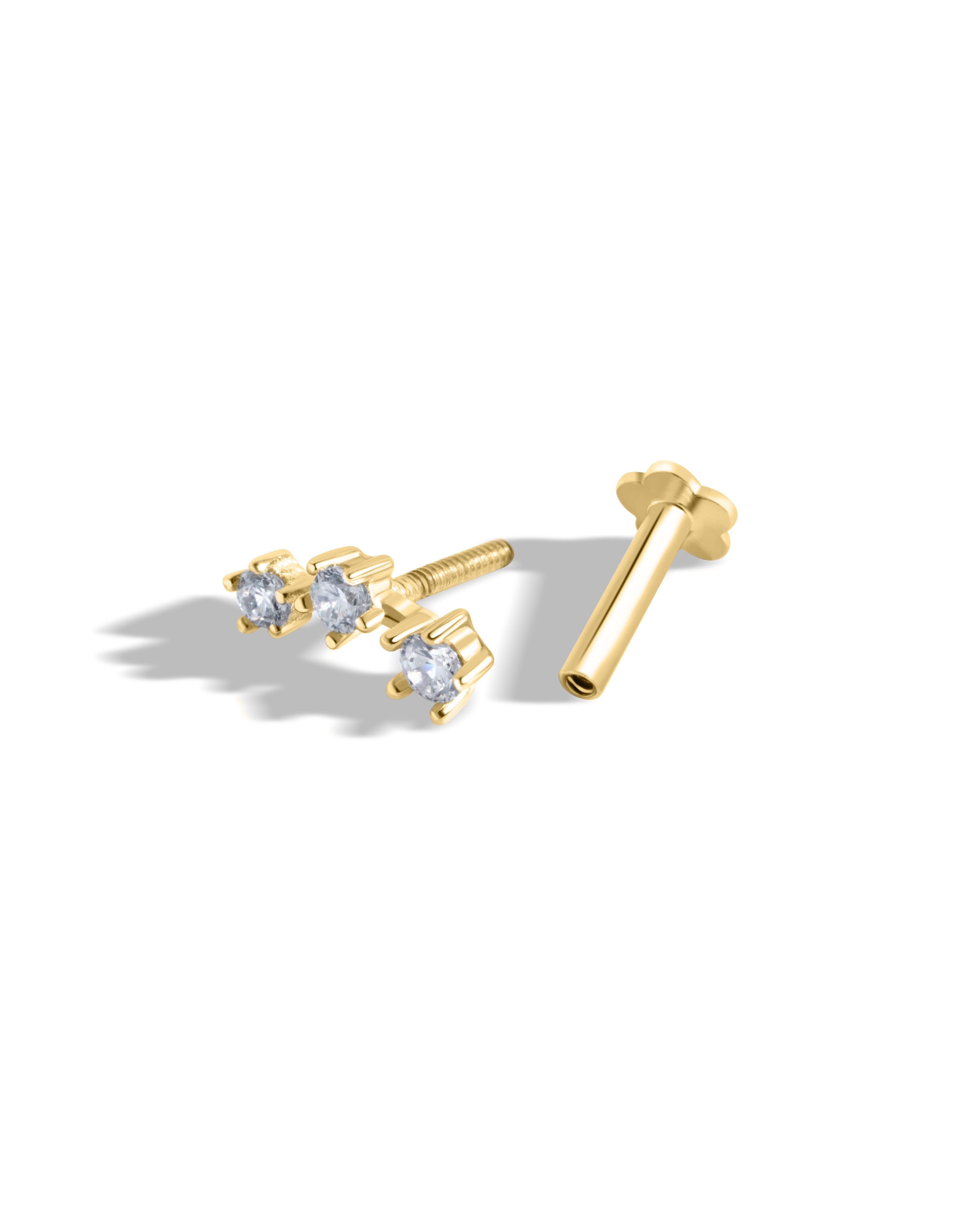 Tri Zirconia - Flat Back Screw Stud - South Screw - 18K Gold Plated