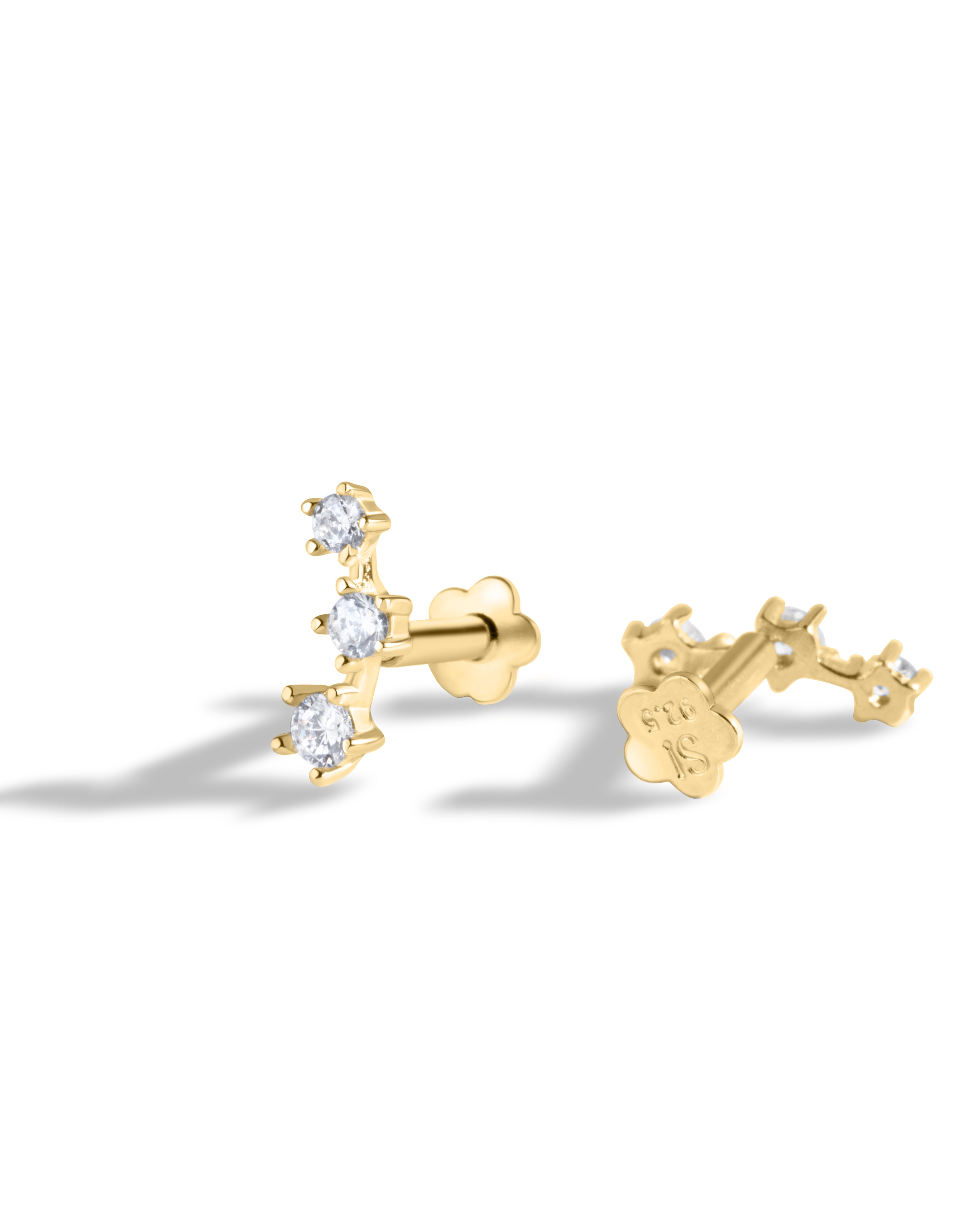 Tri Zirconia - Flat Back Screw Stud - South Screw - 18K Gold Plated