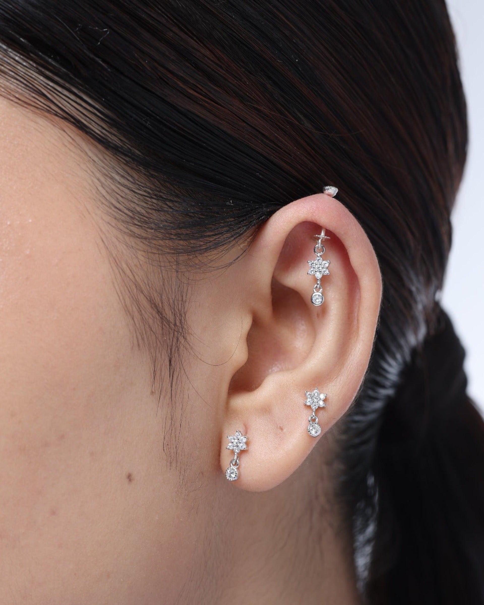 Flower dangler zirconia drop stud earring set - Pair