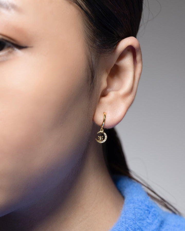 Zircon Moon With Star Hoop Earrings