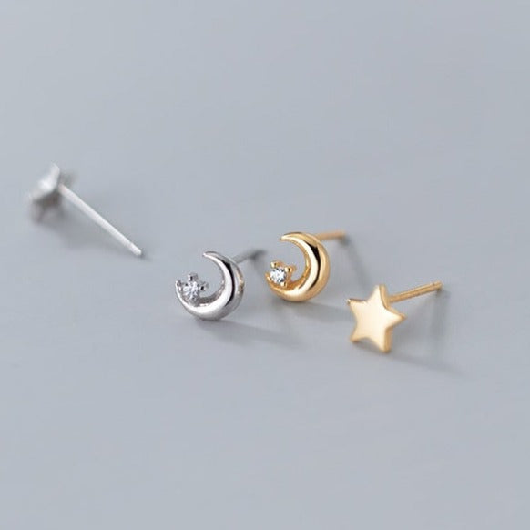 Mismatched Star with a moon combination stud earring - Pair