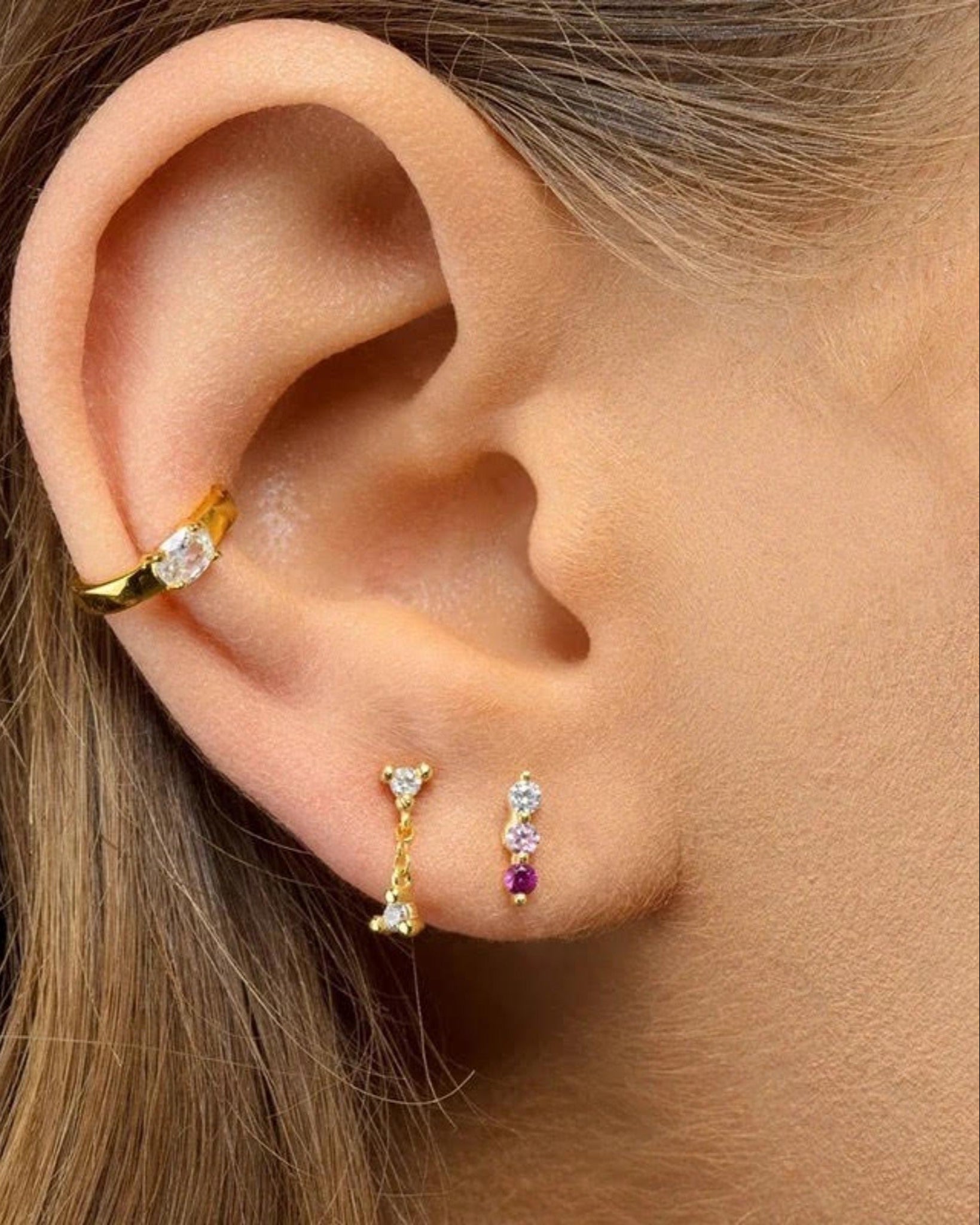 Double Zircon Dangler Stud Earring  - 18K Gold Plated