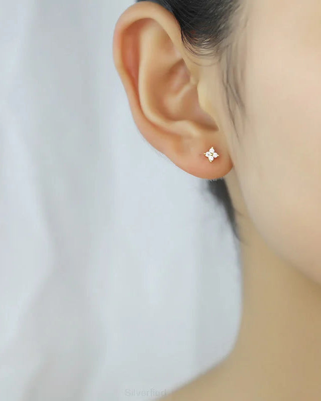 "Sterling Silver Lotus Stud Earring on model ear.